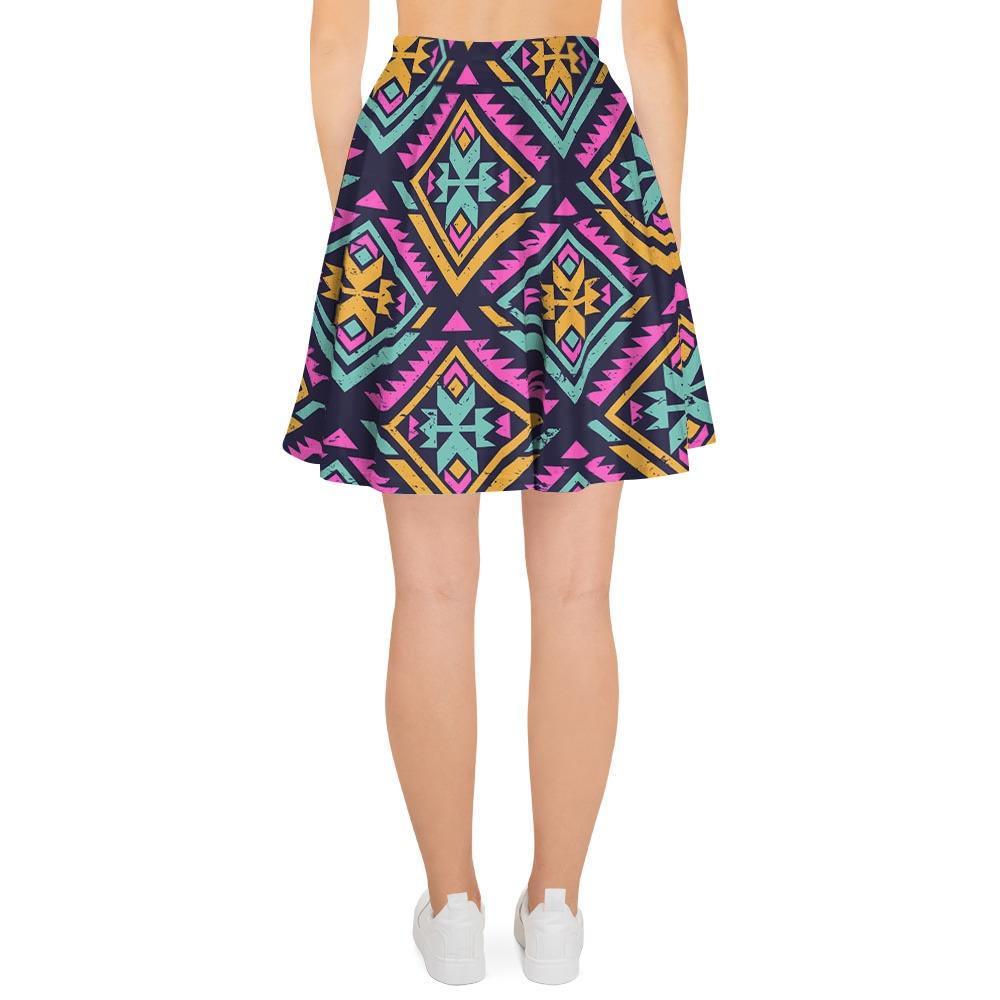 Neon Multicolor Ethic Aztec Grunge Print Women's Skirt-grizzshop