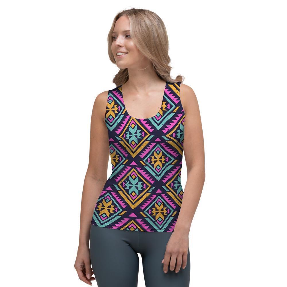 Neon Multicolor Ethic Aztec Grunge Print Women's Tank Top-grizzshop