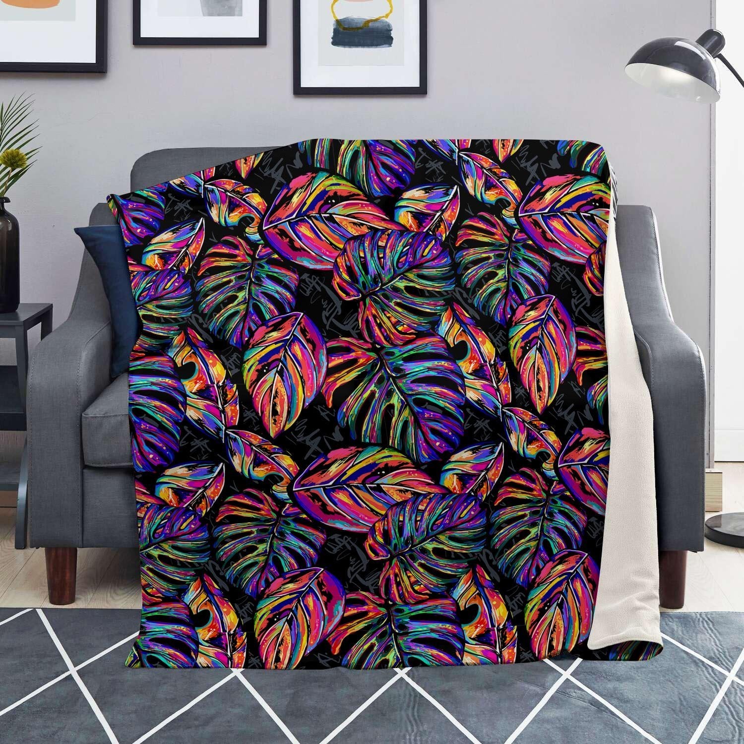 Neon Multicolor Palm Leaf Print Blanket-grizzshop