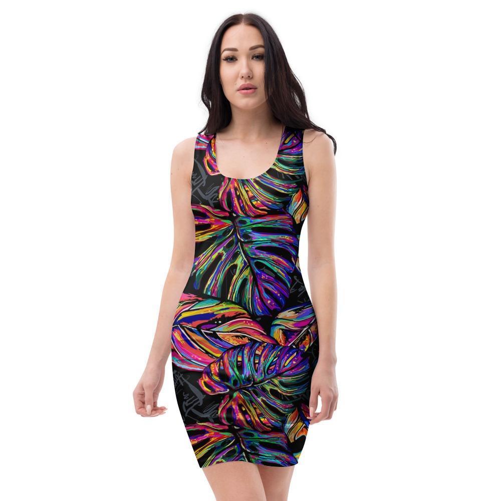 Neon Multicolor Palm Leaf Print Bodycon Dress-grizzshop