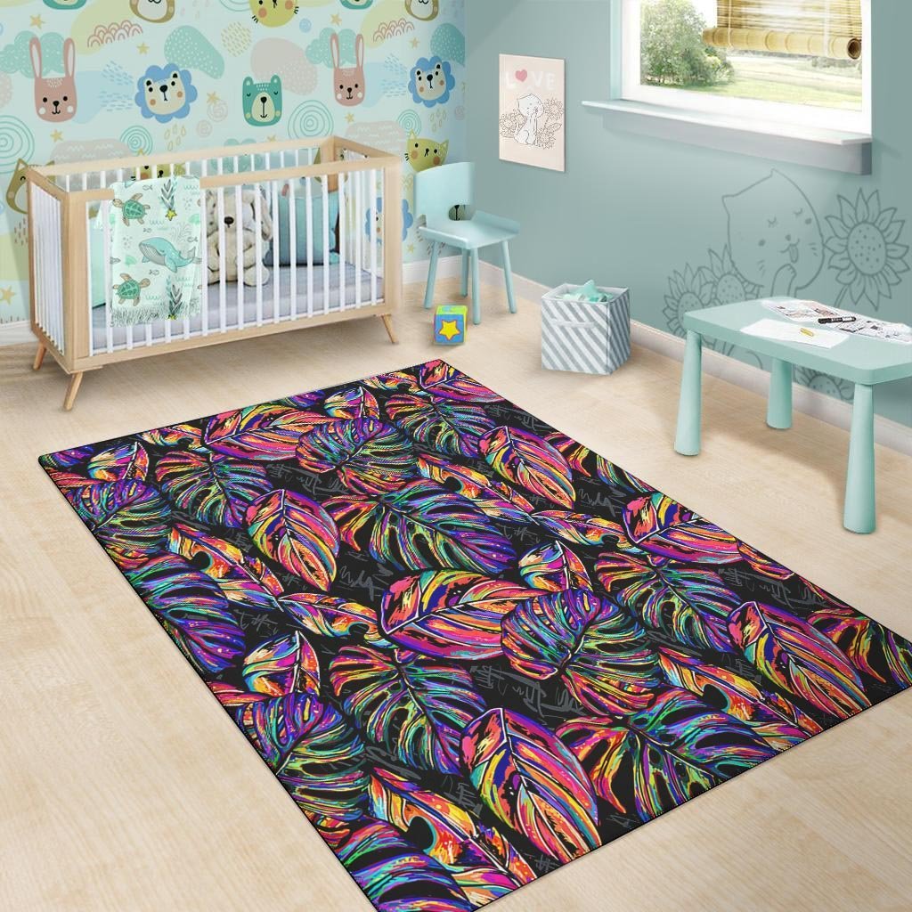 Neon Multicolor Palm Leaf Print Floor Mat-grizzshop