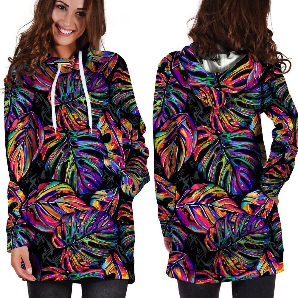 Neon Multicolor Palm Leaf Print Hoodie Dress-grizzshop