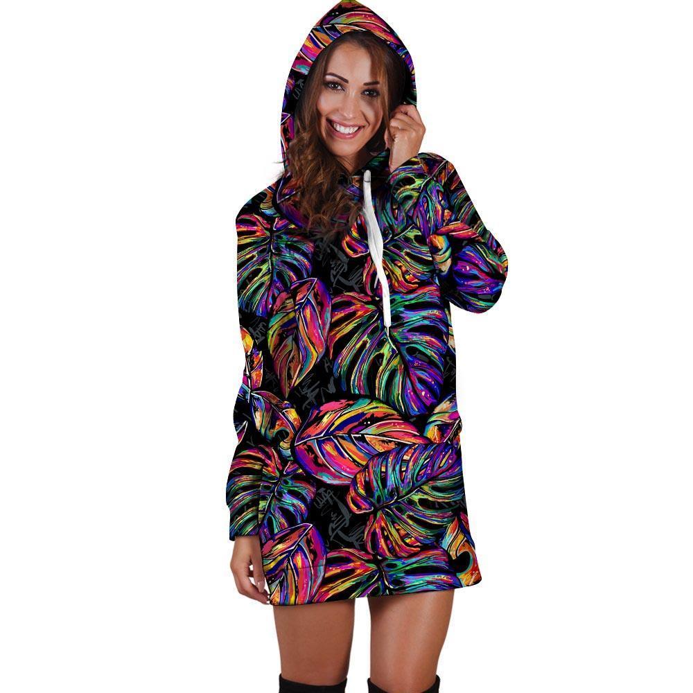 Neon Multicolor Palm Leaf Print Hoodie Dress-grizzshop