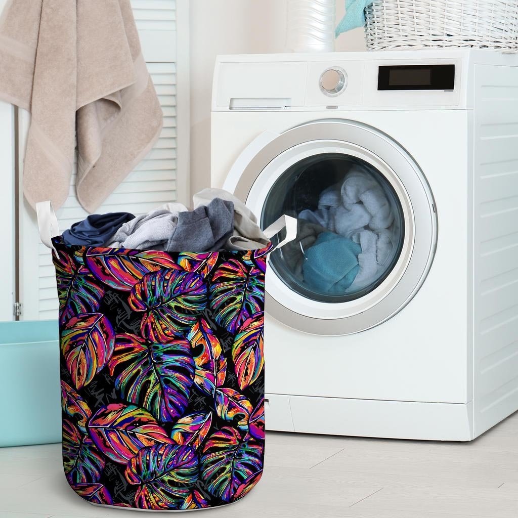 Neon Multicolor Palm Leaf Print Laundry Basket-grizzshop