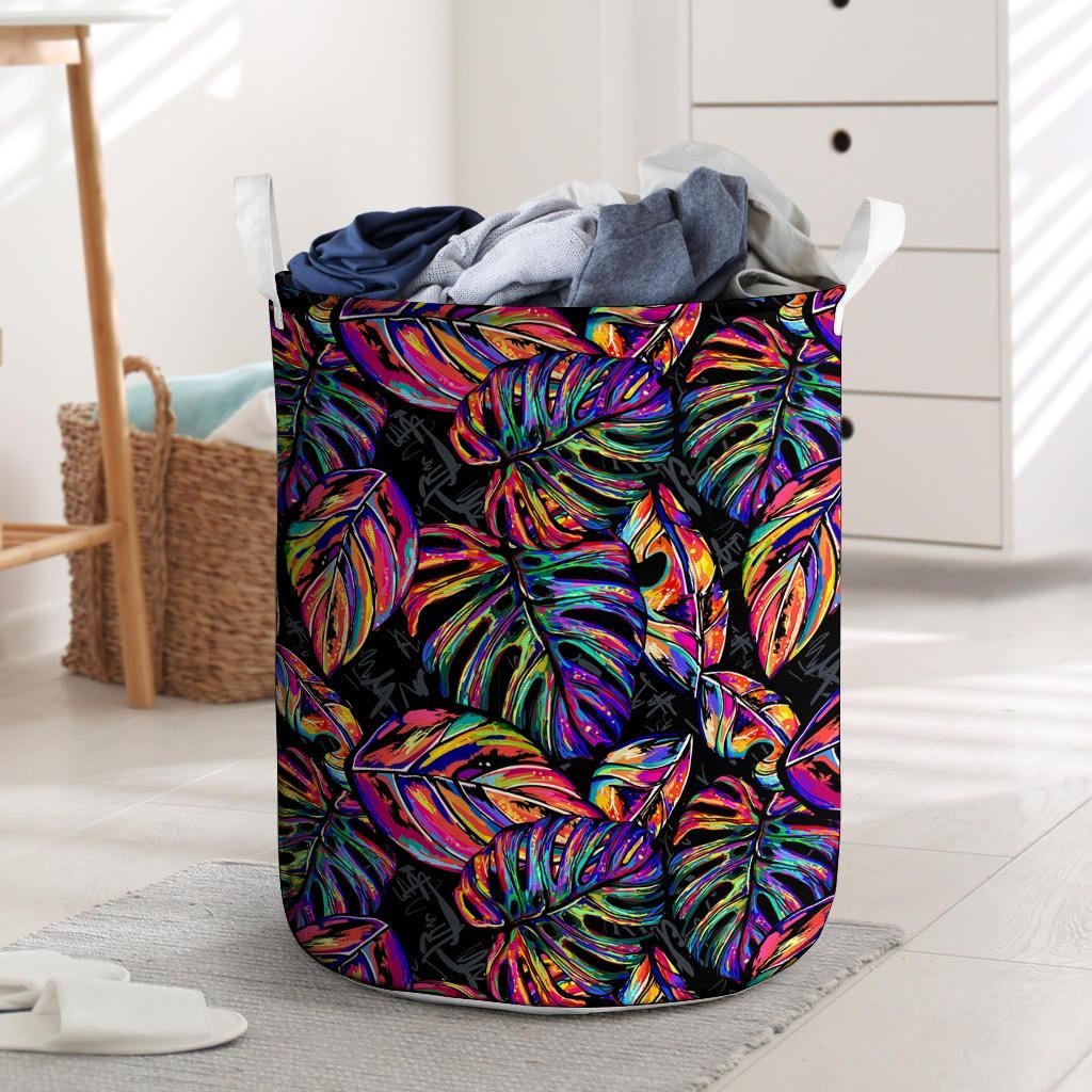 Neon Multicolor Palm Leaf Print Laundry Basket-grizzshop