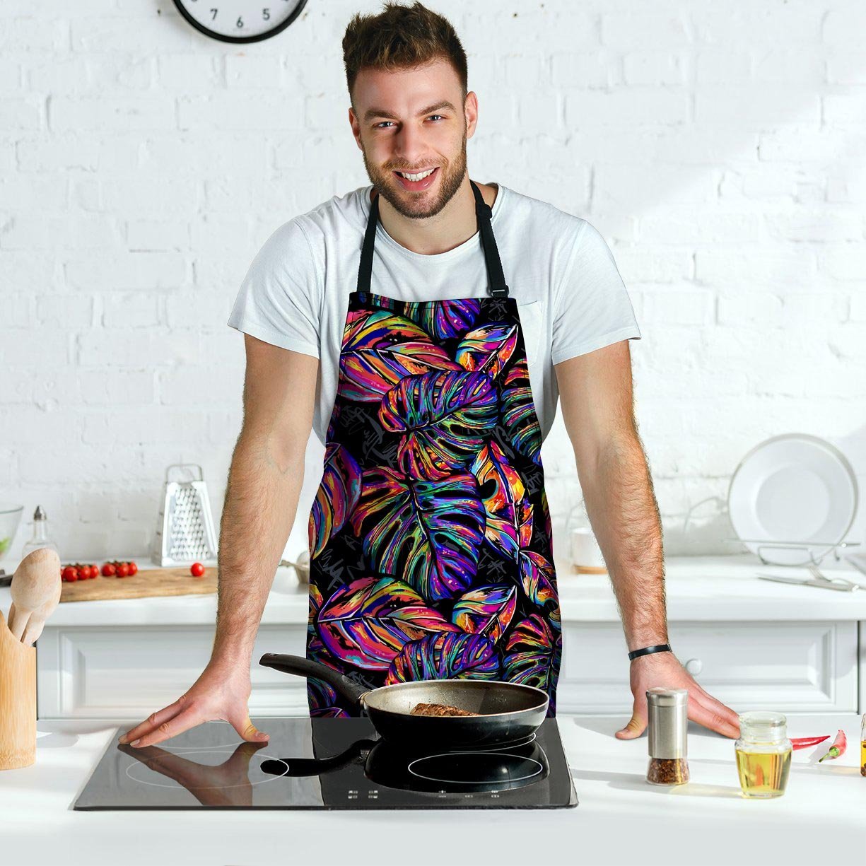 Neon Multicolor Palm Leaf Print Men's Apron-grizzshop