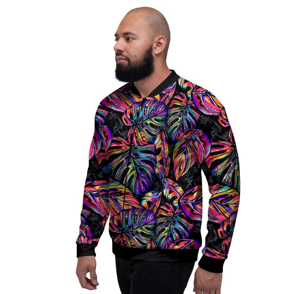 Neon Multicolor Palm Leaf Print Men's Bomber Jacket-grizzshop