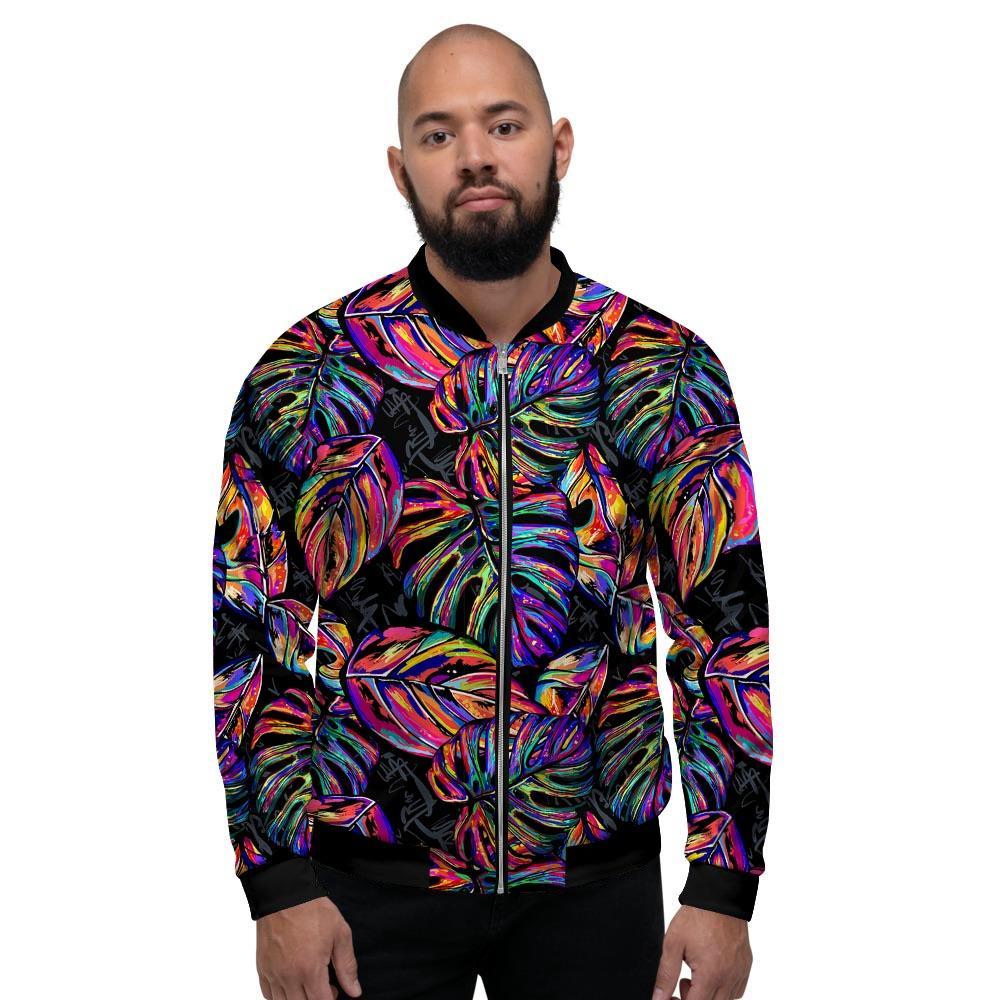 Neon Multicolor Palm Leaf Print Men's Bomber Jacket-grizzshop