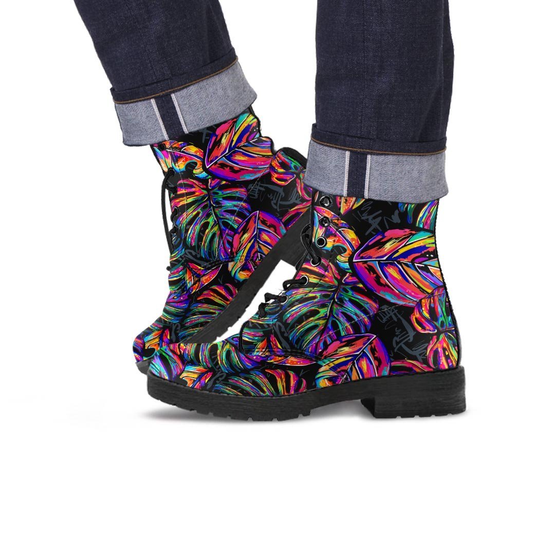 Neon Multicolor Palm Leaf Print Men's Boots-grizzshop