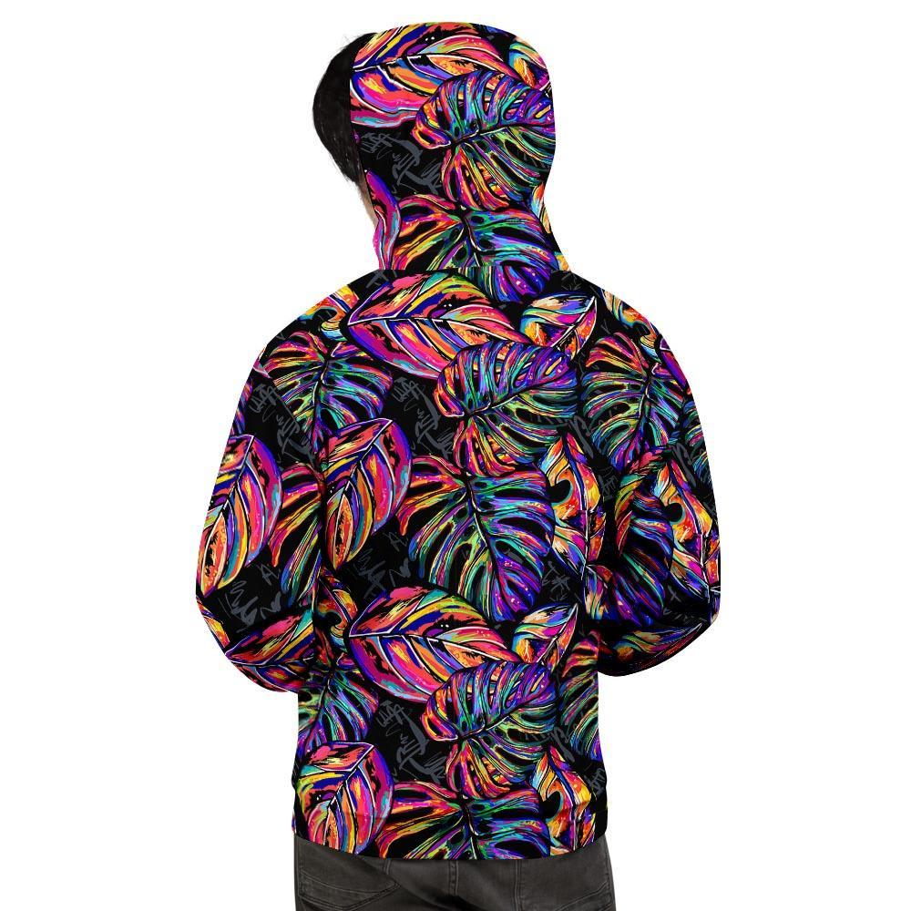 Neon Multicolor Palm Leaf Print Men's Hoodie-grizzshop