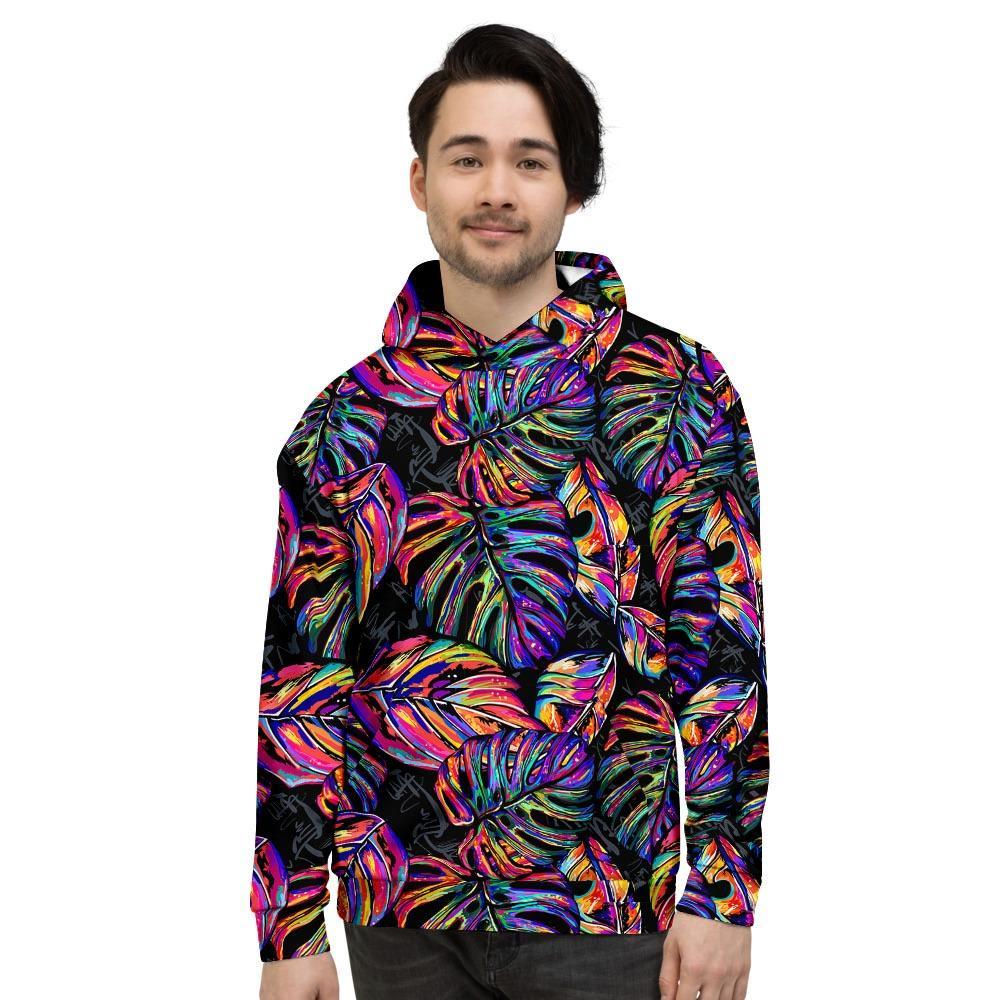 Neon Multicolor Palm Leaf Print Men's Hoodie-grizzshop