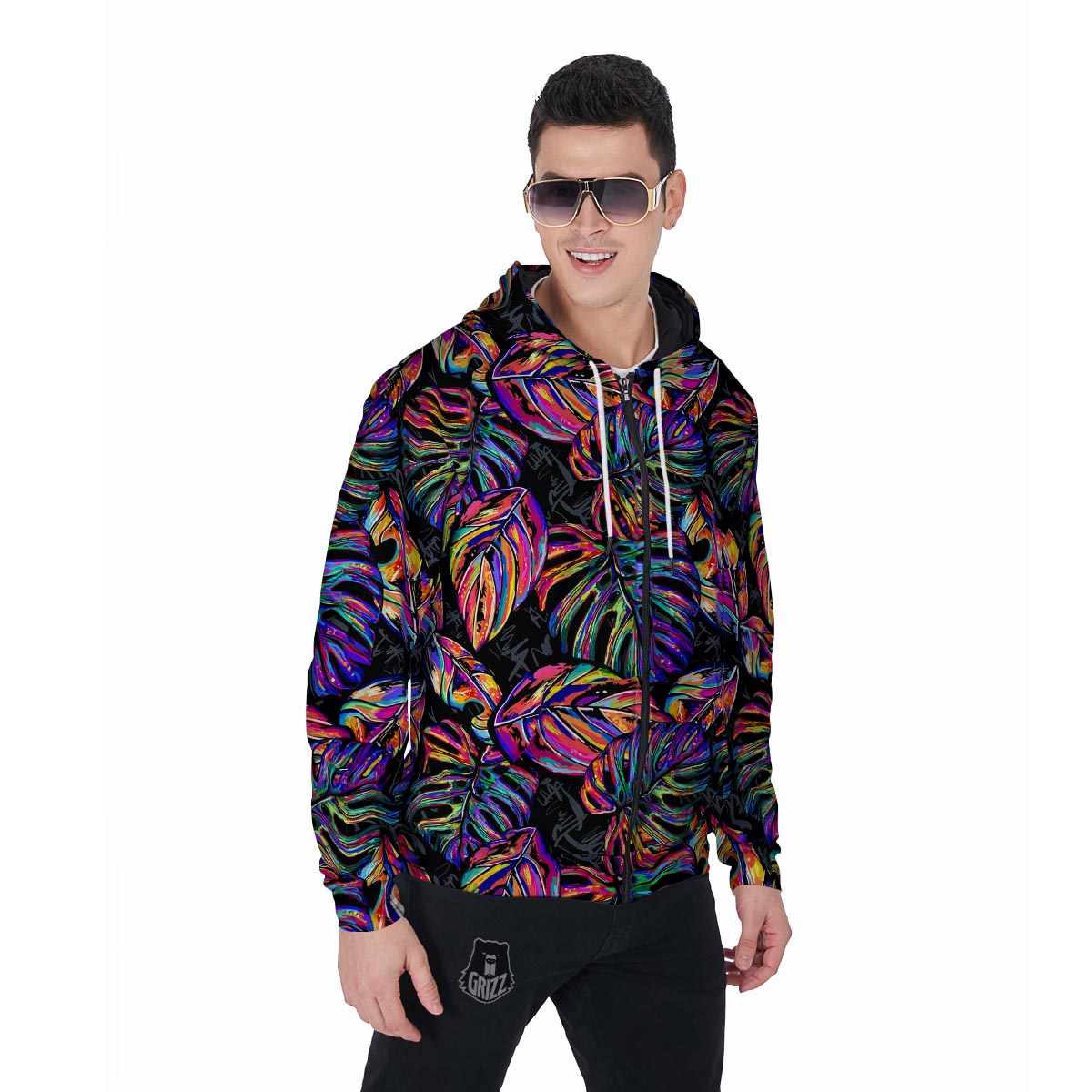 Neon Multicolor Palm Leaf Print Men's Zip Up Hoodie-grizzshop