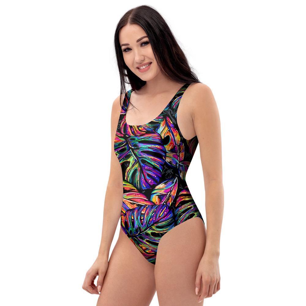 Neon Multicolor Palm Leaf Print One Piece Swimsuite-grizzshop