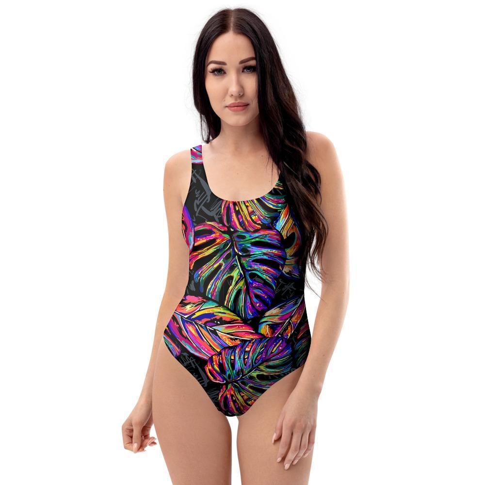 Neon Multicolor Palm Leaf Print One Piece Swimsuite-grizzshop