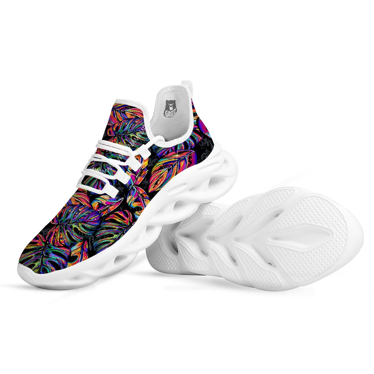 Neon Multicolor Palm Leaf Print White Running Shoes-grizzshop