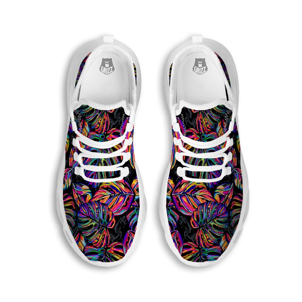 Neon Multicolor Palm Leaf Print White Running Shoes-grizzshop