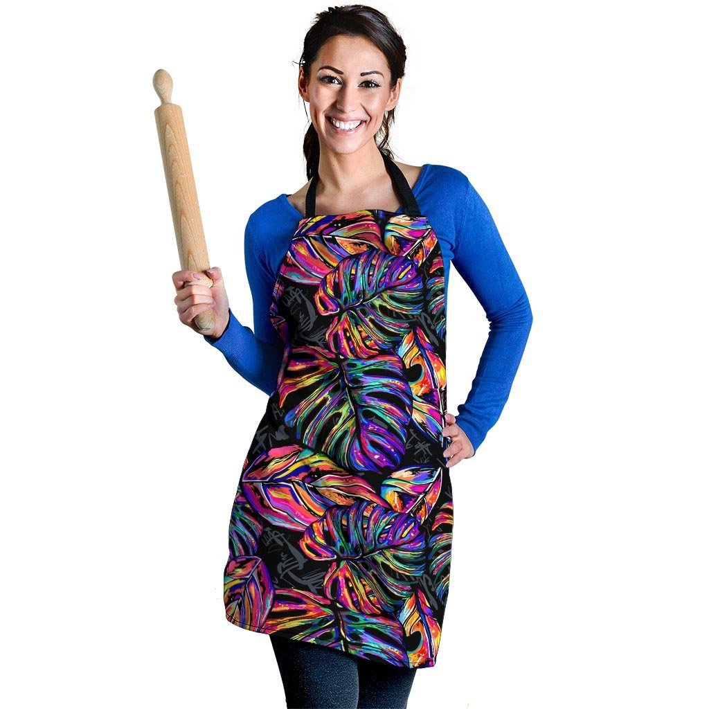 Neon Multicolor Palm Leaf Print Women's Apron-grizzshop