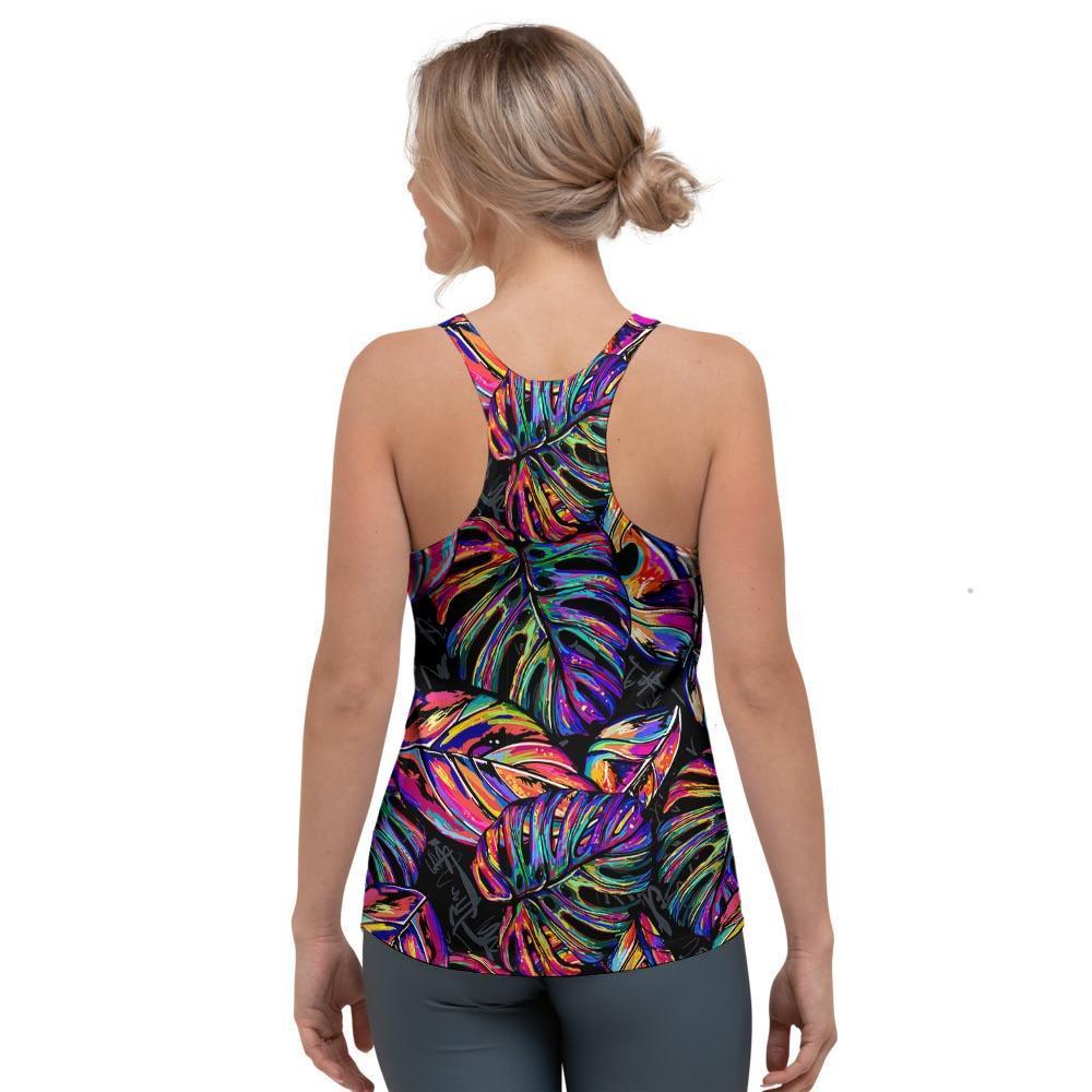 Neon Multicolor Palm Leaf Print Women's Racerback Tank Top-grizzshop