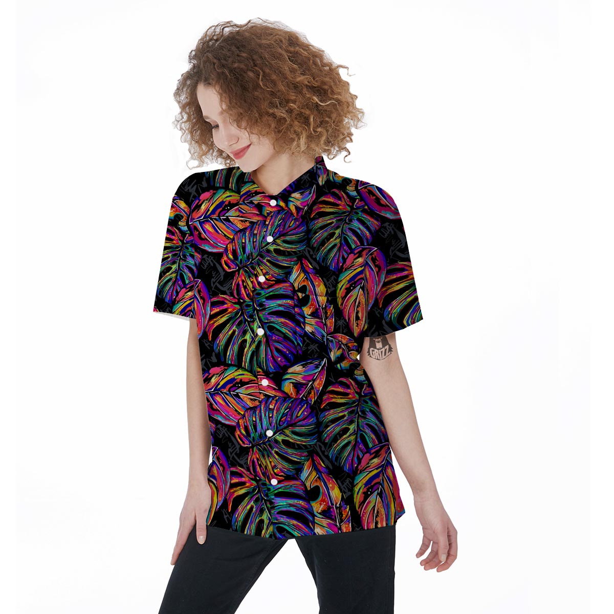 Neon Multicolor Palm Leaf Print Women's Short Sleeve Shirts-grizzshop