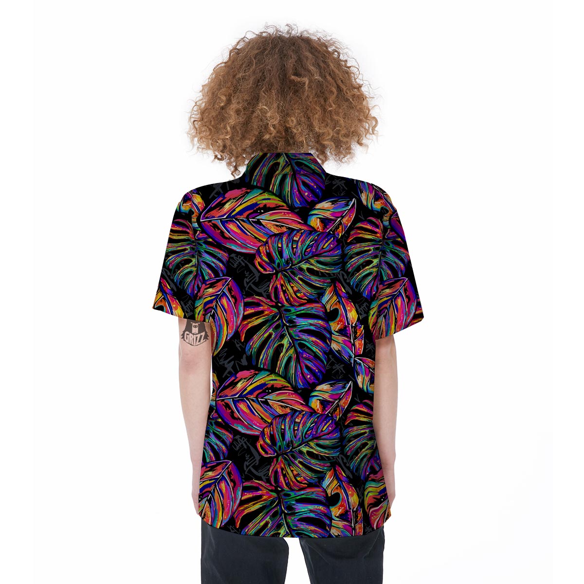 Neon Multicolor Palm Leaf Print Women's Short Sleeve Shirts-grizzshop