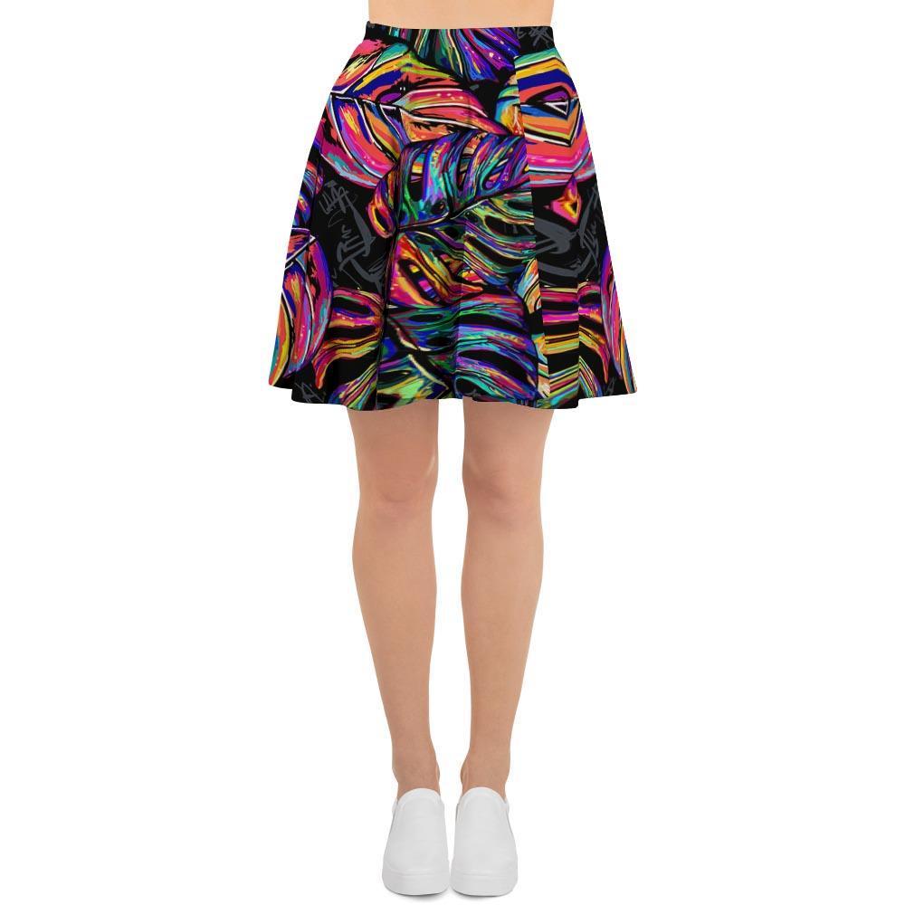 Neon Multicolor Palm Leaf Print Women's Skirt-grizzshop
