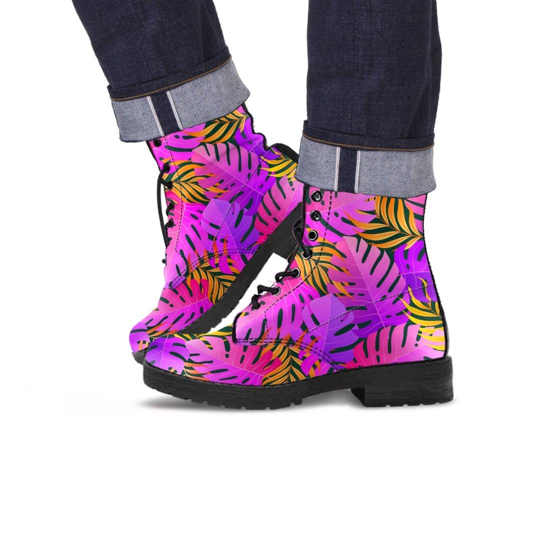 Neon Palm Leaf Edm Print Men's Boots-grizzshop