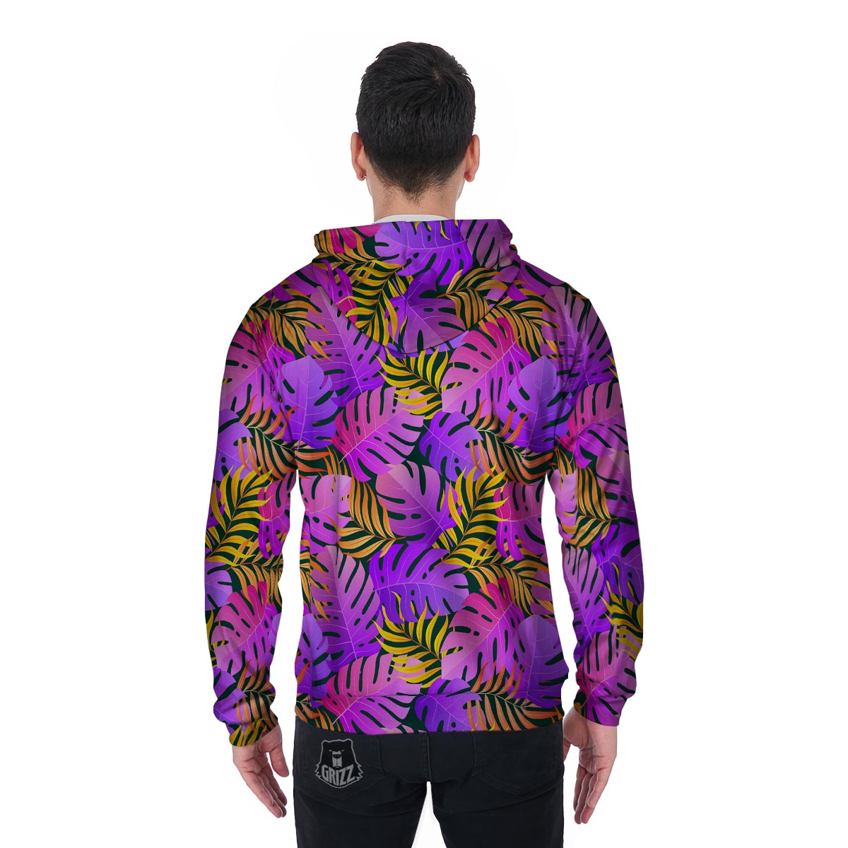 Neon Palm Leaf Edm Print Men's Zip Up Hoodie-grizzshop