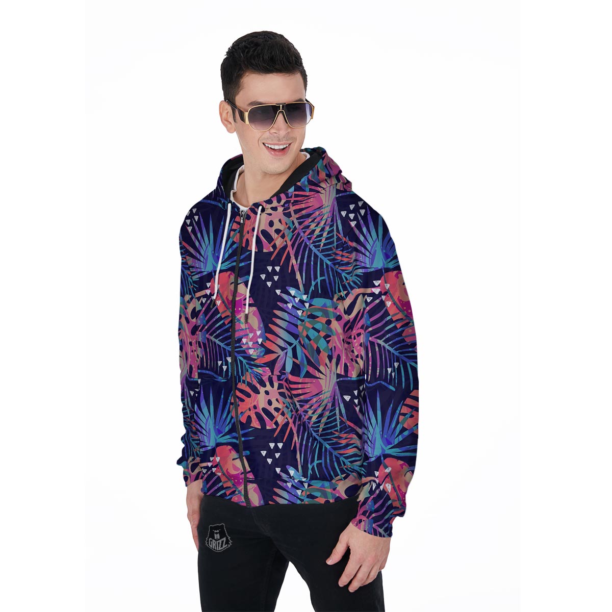 Neon Palm Leaf Hawaiian Print Men's Zip Up Hoodie-grizzshop