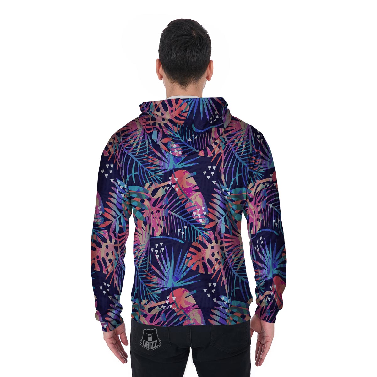 Neon Palm Leaf Hawaiian Print Men's Zip Up Hoodie-grizzshop