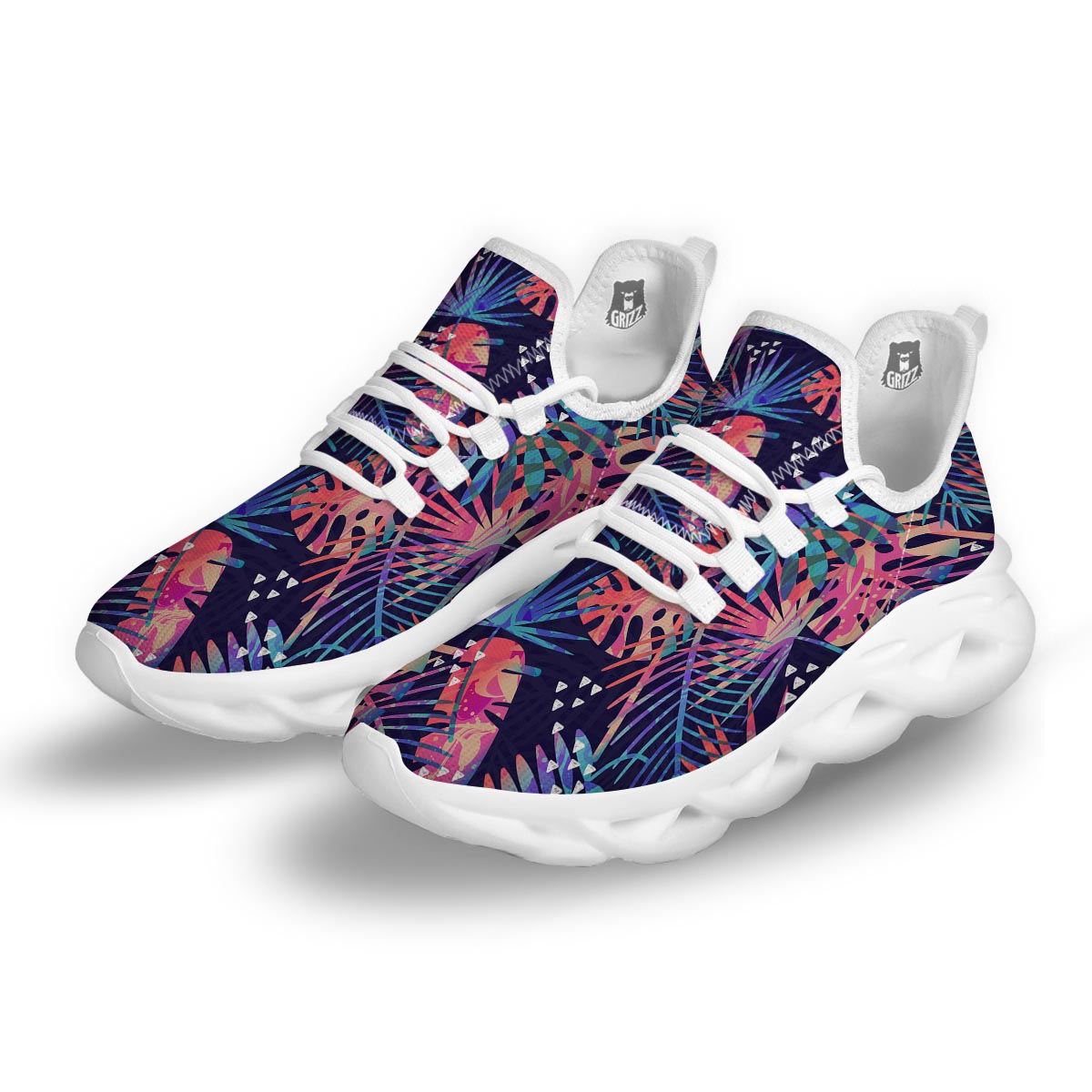 Neon Palm Leaf Hawaiian Print White Running Shoes-grizzshop