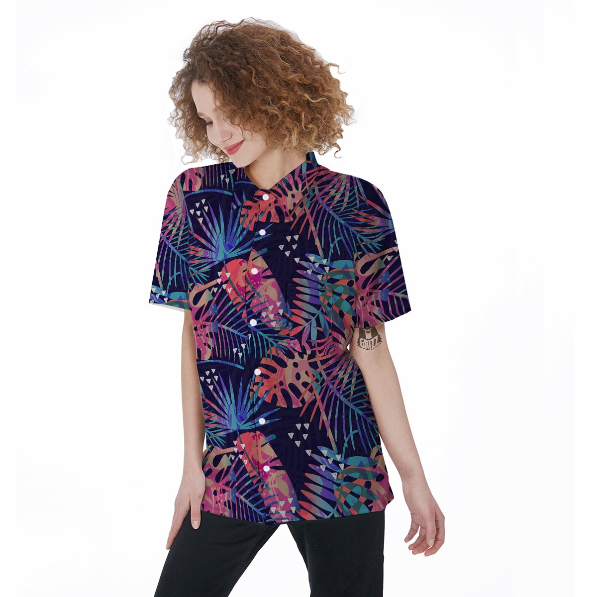 Neon Palm Leaf Hawaiian Print Women's Short Sleeve Shirts-grizzshop