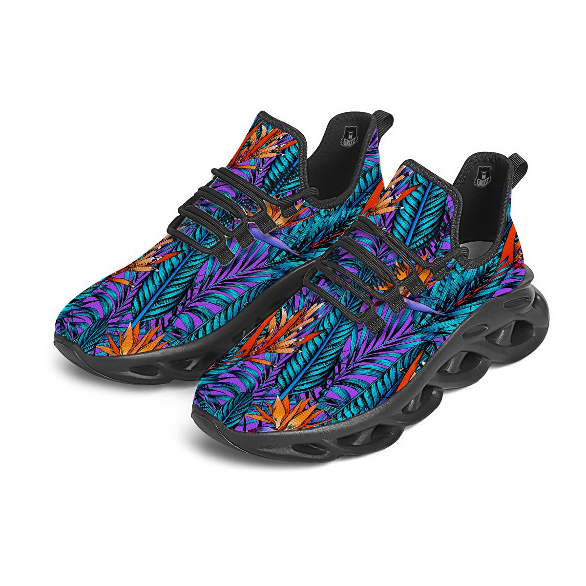 Neon Palm Leaf Tropical Print Black Running Shoes-grizzshop
