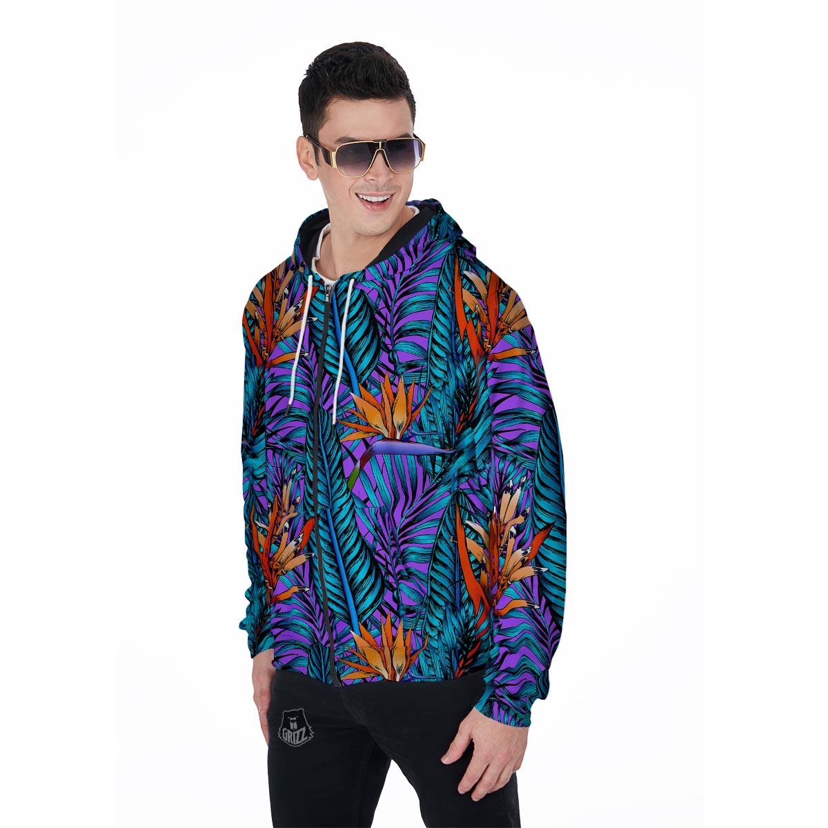 Neon Palm Leaf Tropical Print Men's Zip Up Hoodie-grizzshop