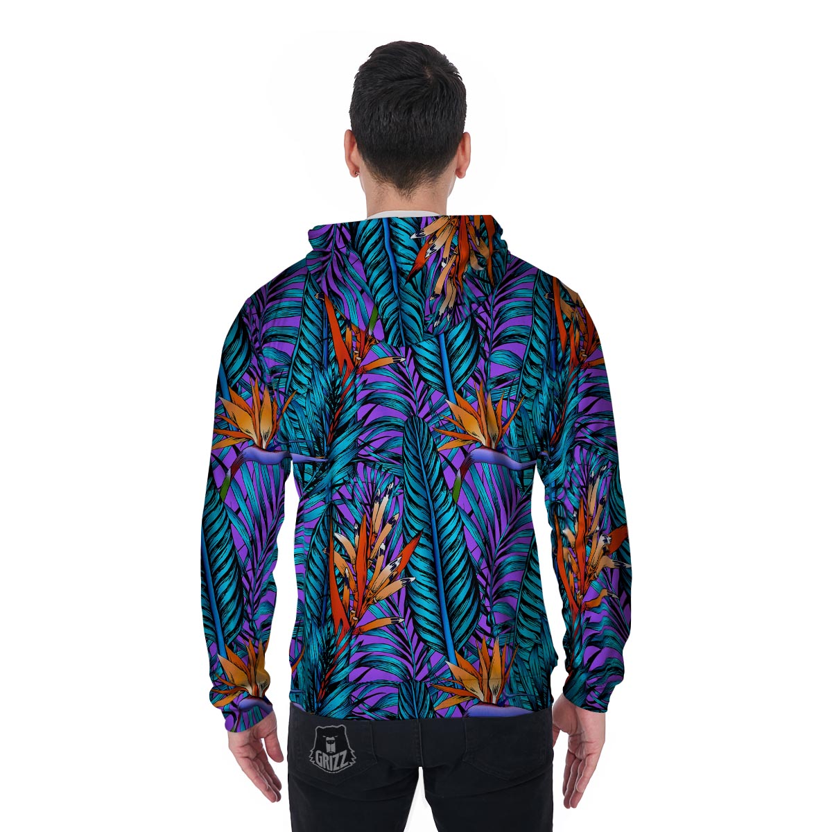 Neon Palm Leaf Tropical Print Men's Zip Up Hoodie-grizzshop