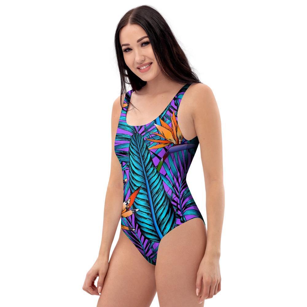 Neon Palm Leaf Tropical Print One Piece Swimsuite-grizzshop