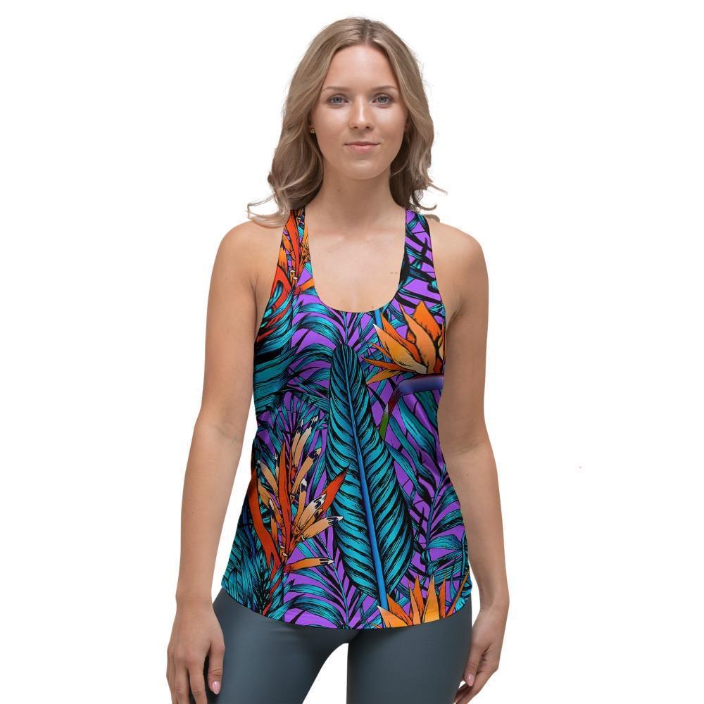 Neon Palm Leaf Tropical Print Women's Racerback Tank Top-grizzshop