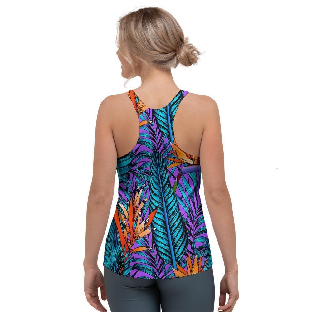 Neon Palm Leaf Tropical Print Women's Racerback Tank Top-grizzshop