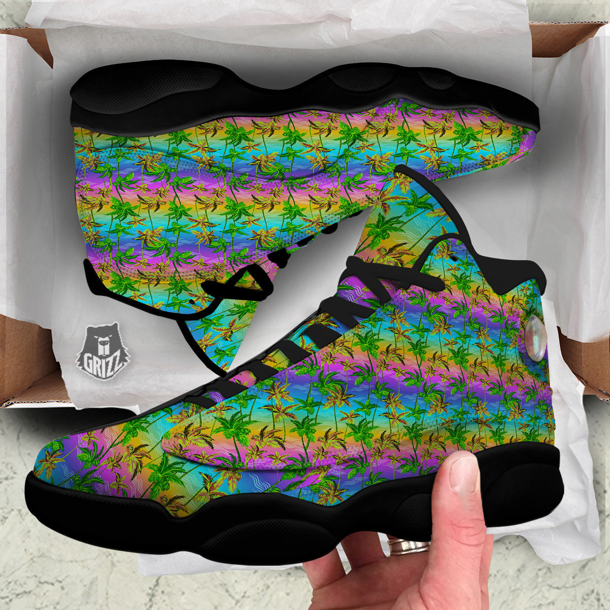 Neon Palm Tree Print Pattern Black Basketball Shoes-grizzshop