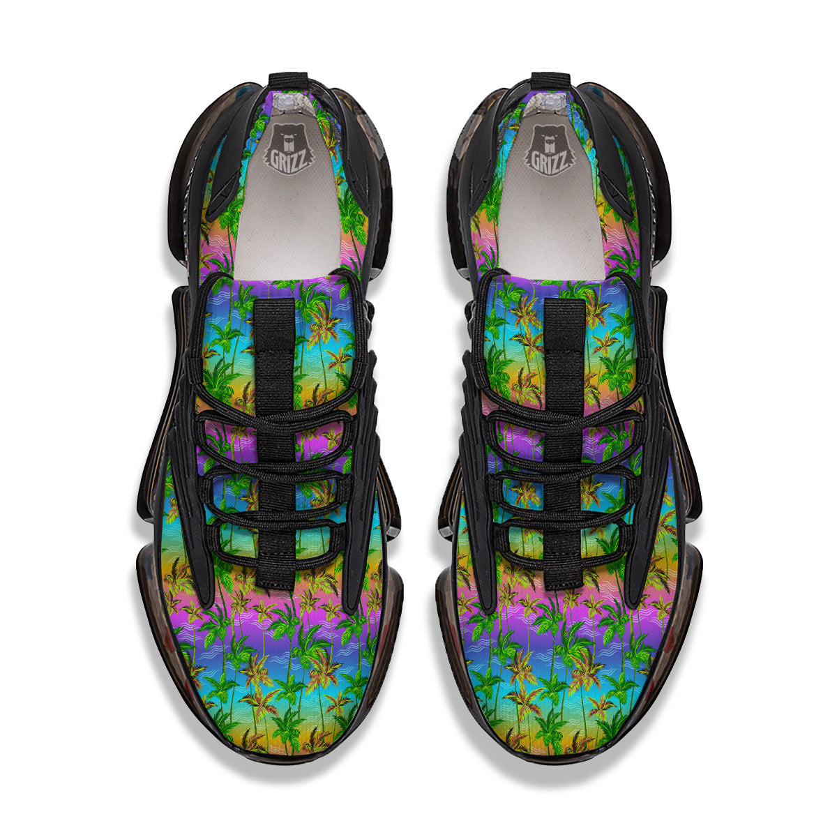 Neon Palm Tree Print Pattern Black Gym Shoes-grizzshop
