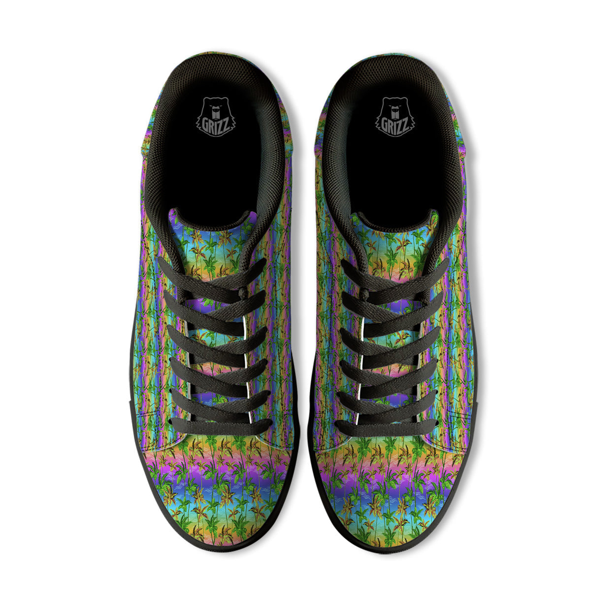 Neon Palm Tree Print Pattern Black Low Top Sneakers-grizzshop