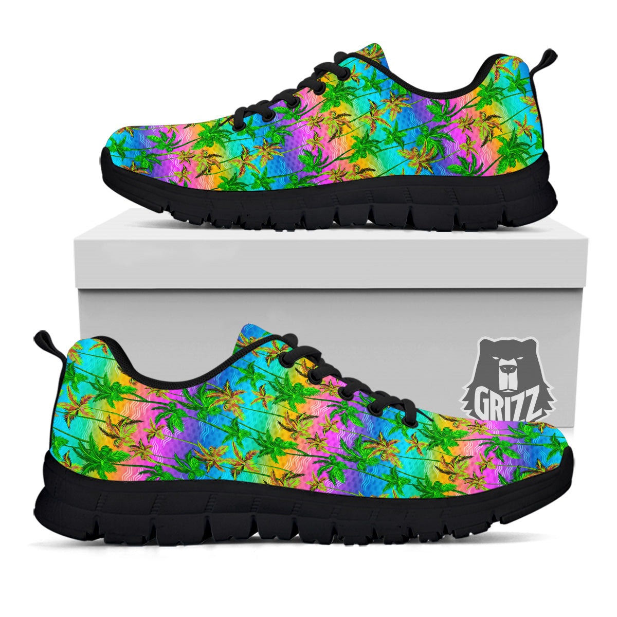 Neon Palm Tree Print Pattern Black Sneaker-grizzshop