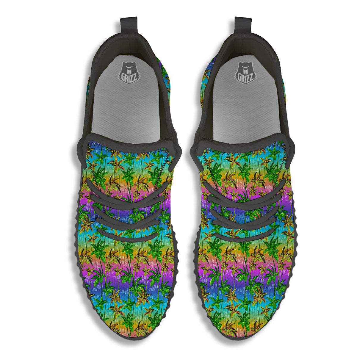 Neon Palm Tree Print Pattern Black Walking Shoes-grizzshop