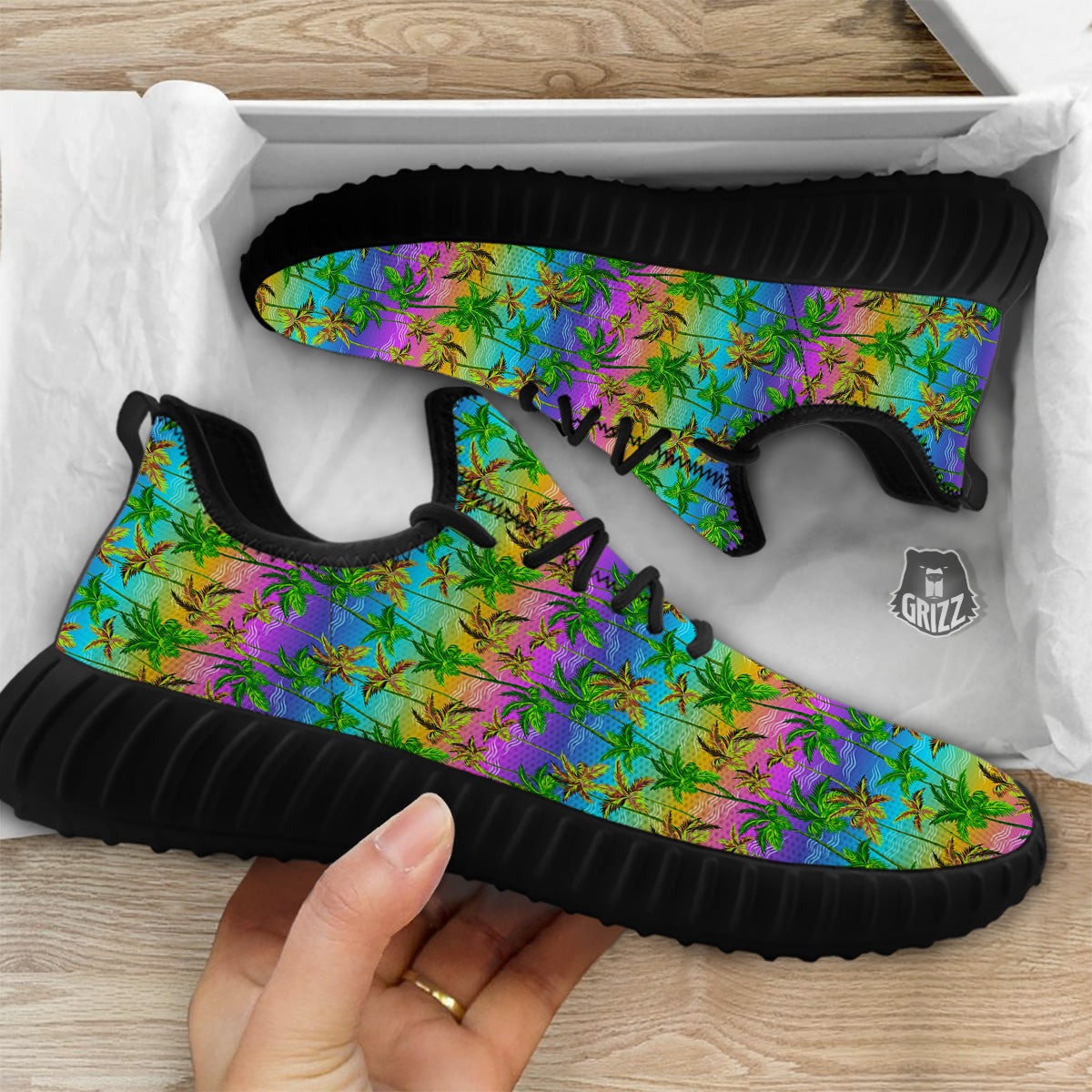 Neon Palm Tree Print Pattern Black Walking Shoes-grizzshop