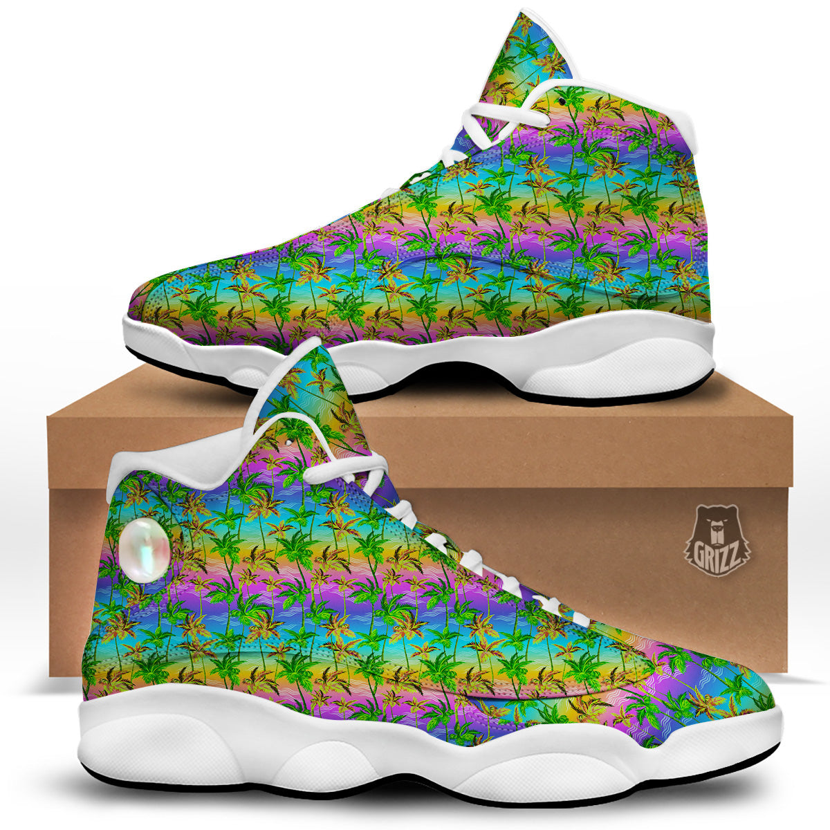 Neon Palm Tree Print Pattern White Basketball Shoes-grizzshop