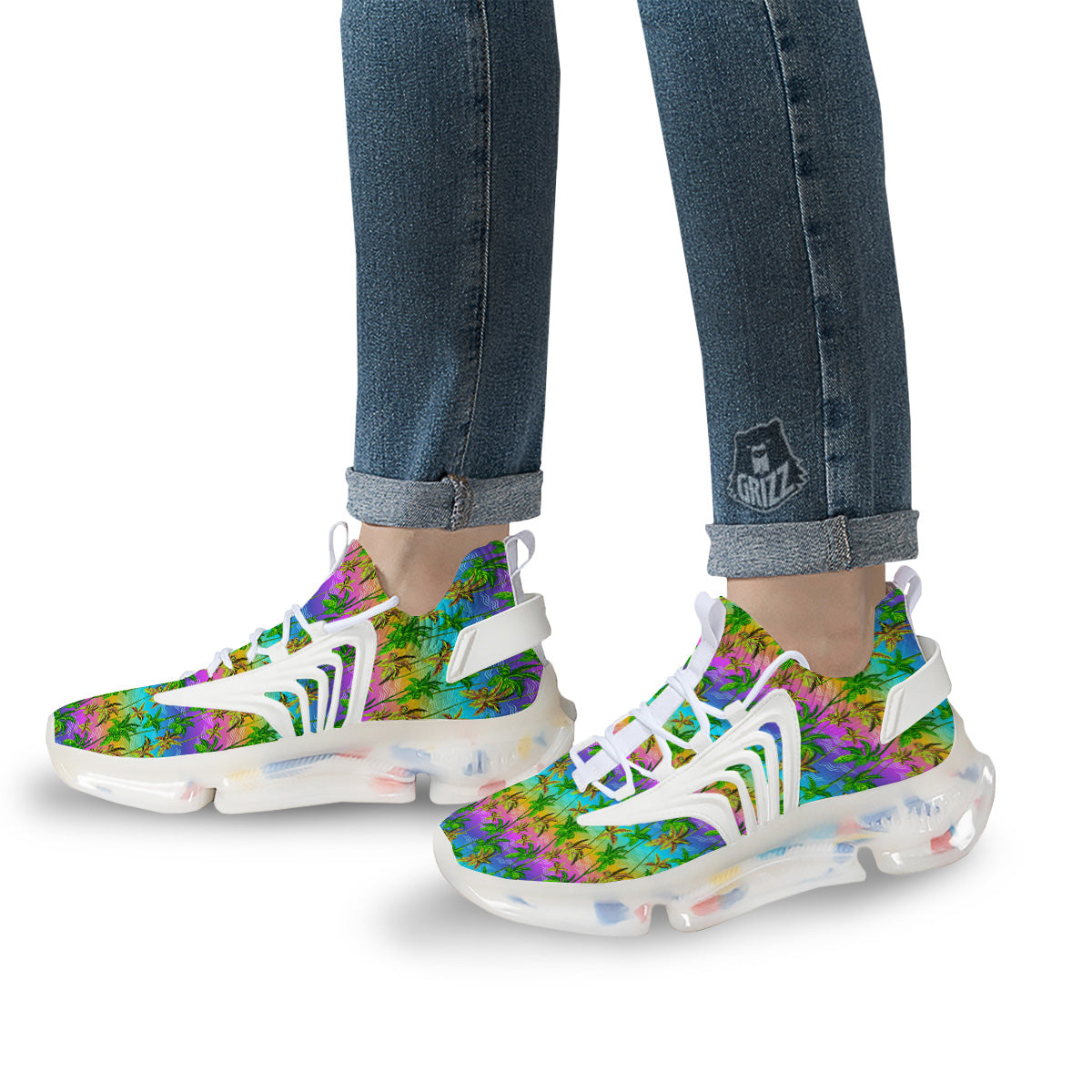 Neon Palm Tree Print Pattern White Gym Shoes-grizzshop