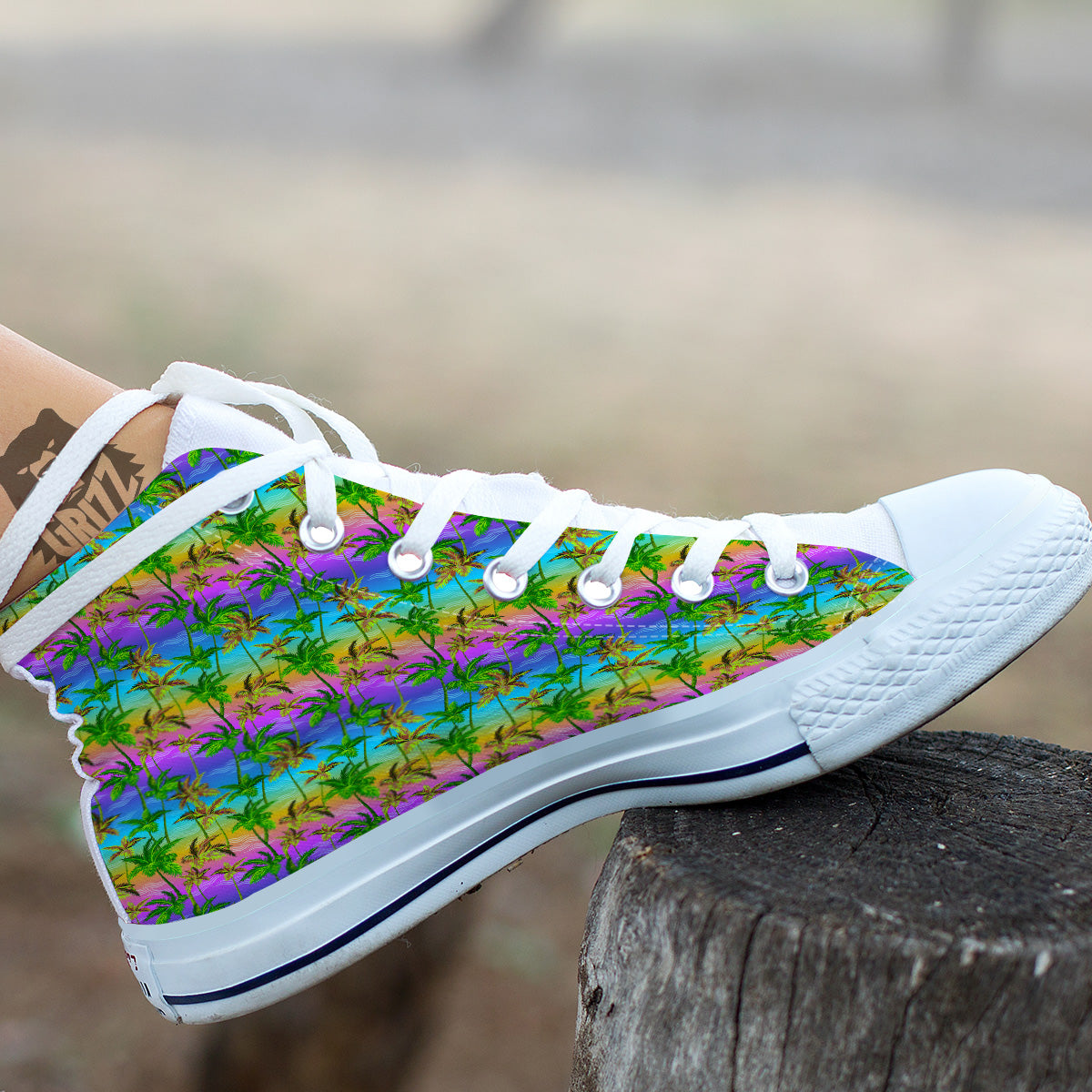 Neon Palm Tree Print Pattern White High Top Shoes-grizzshop