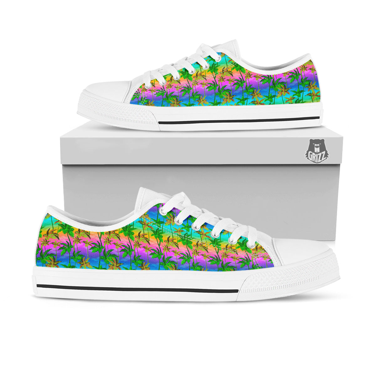 Neon Palm Tree Print Pattern White Low Top Shoes-grizzshop