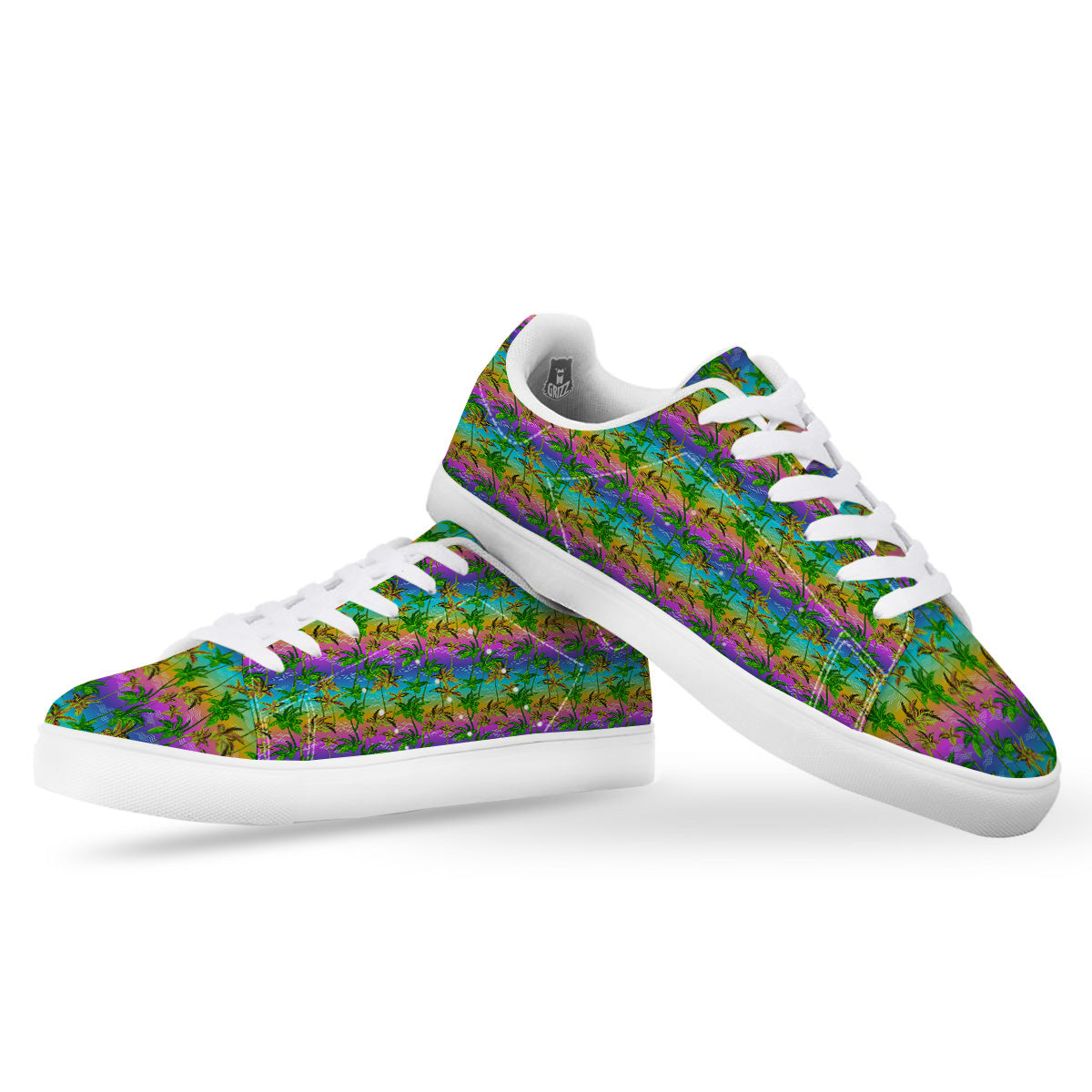 Neon Palm Tree Print Pattern White Low Top Sneakers-grizzshop