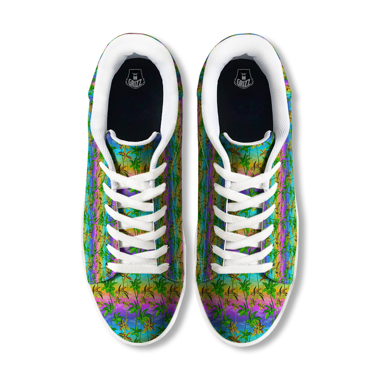 Neon Palm Tree Print Pattern White Low Top Sneakers-grizzshop