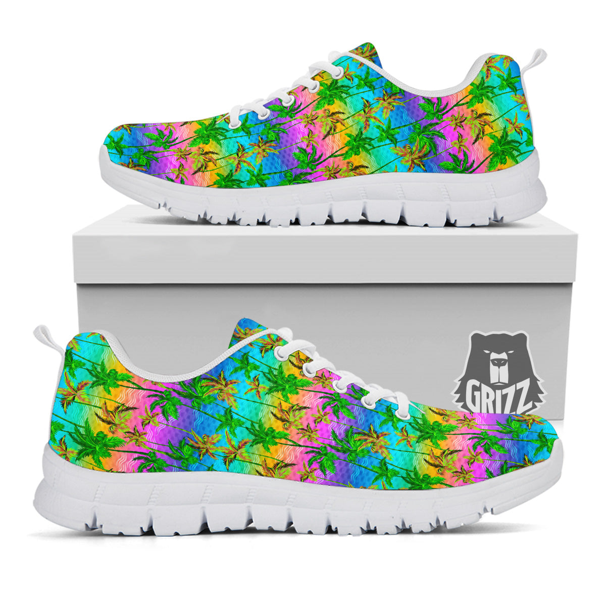 Neon Palm Tree Print Pattern White Sneaker-grizzshop